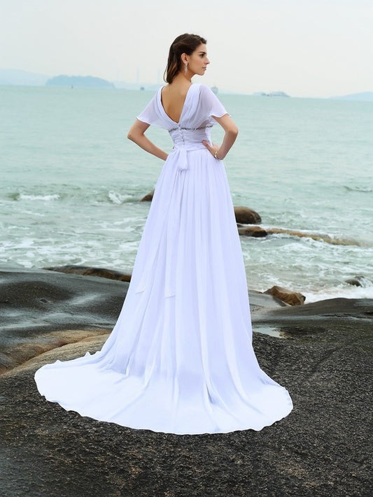 Ruffles Sleeves Long A-Line/Princess Short V-neck Chiffon Beach Wedding Dresses