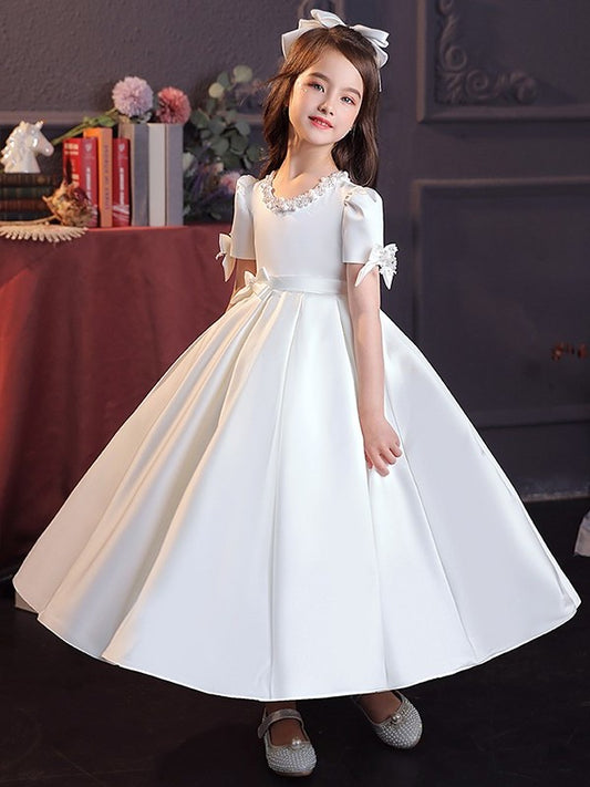 Short Sleeves Tea-Length A-Line/Princess Bowknot Satin Jewel Flower Girl Dresses