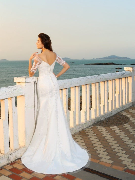 Sweetheart Sheath/Column Short Sleeves Applique Satin Long Beach Wedding Dresses