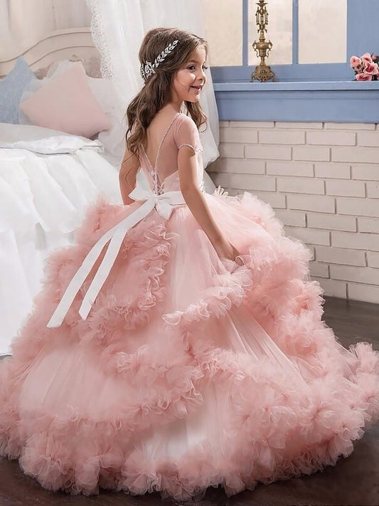 Tulle Short Sleeves Ball Floor-Length Jewel Crystal Gown Flower Girl Dresses