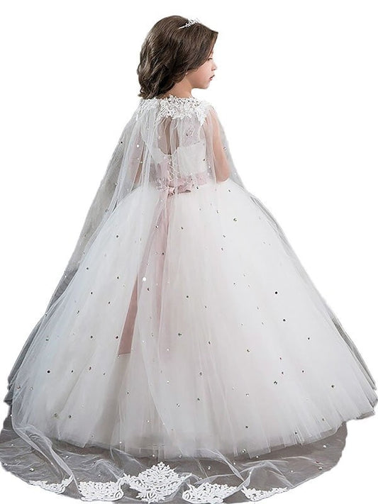 Ball Beading Floor-Length Gown Jewel Sleeveless Tulle Flower Girl Dresses