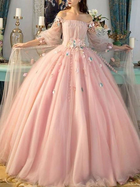 Gown Ball Sleeves Hand-Made Long Off-the-Shoulder Tulle Flower Floor-Length Dresses