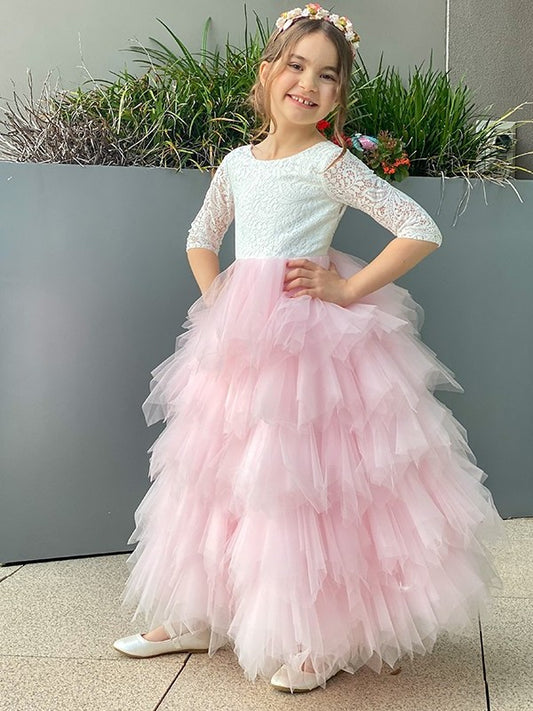 3/4 Sleeves A-Line/Princess Tulle Lace Ankle-Length Scoop Flower Girl Dresses