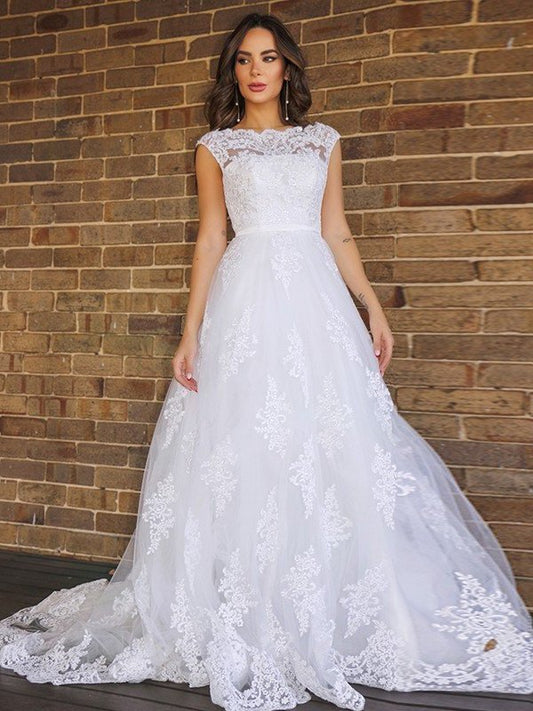 Sweep/Brush A-Line/Princess Lace Scoop Sleeveless Train Wedding Dresses