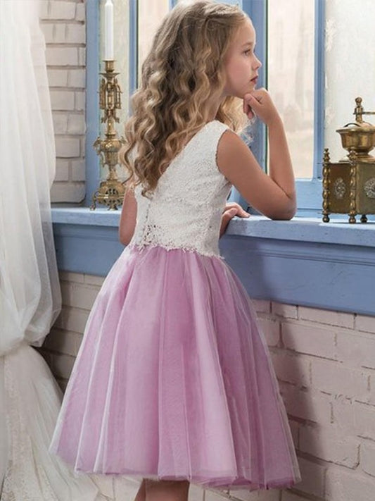 Knee-Length Scoop Tulle Sleeveless A-Line/Princess Lace Flower Girl Dresses