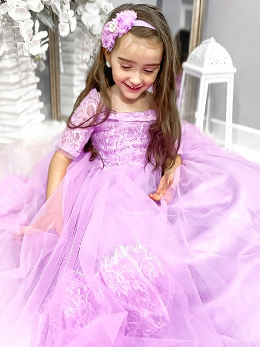 Train Off-the-Shoulder Sleeves Sweep/Brush Lace 1/2 Ball Tulle Gown Flower Girl Dresses