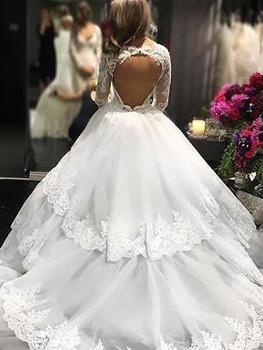 Long Tulle Sleeves Gown Court Ball Lace V-neck Train Wedding Dresses