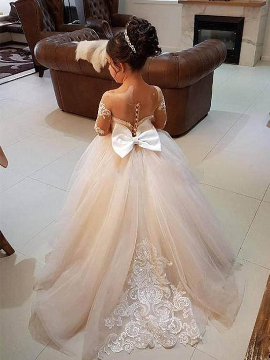 Gown Long Sweep/Brush Tulle Sleeves Applique Off-the-Shoulder Train Ball Flower Girl Dresses