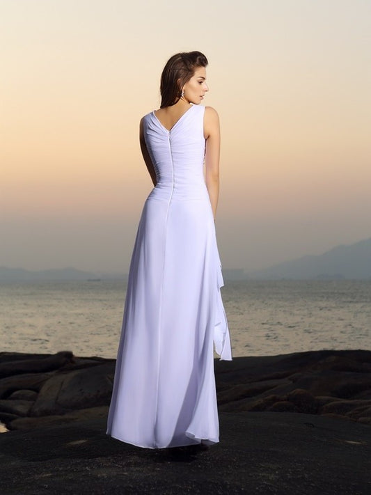 Chiffon V-neck A-Line/Princess Sleeveless Pleats Long Beach Wedding Dresses
