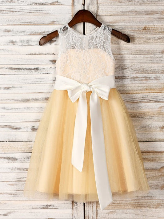Sash/Ribbon/Belt Tulle Tea-Length Scoop A-Line/Princess Sleeveless Flower Girl Dresses