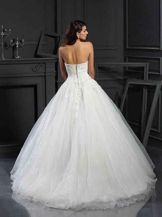 Long Beading Sweetheart Gown Sleeveless Ball Tulle Wedding Dresses