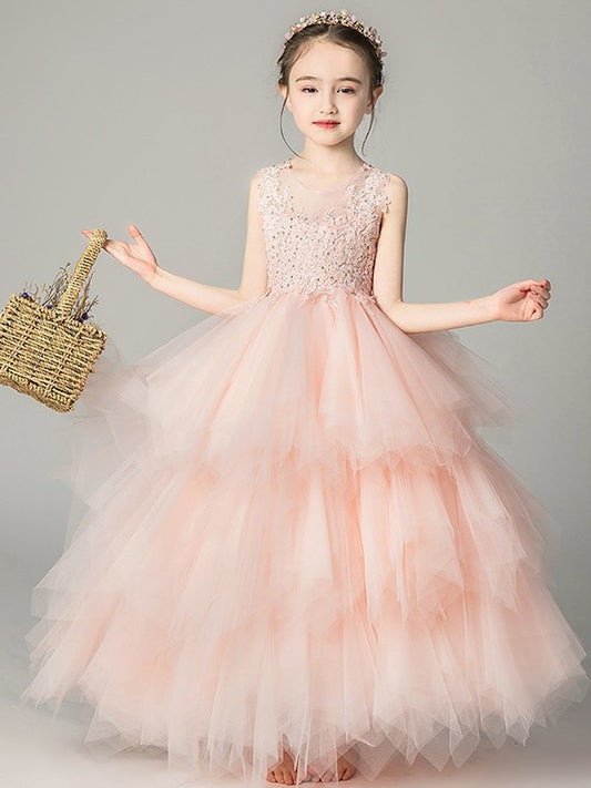 Sleeveless Scoop A-Line/Princess Floor-Length Applique Tulle Flower Girl Dresses