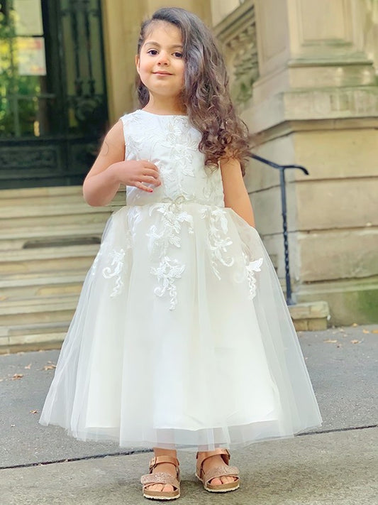Ankle-Length Scoop Sleeveless Tulle A-Line/Princess Lace Flower Girl Dresses