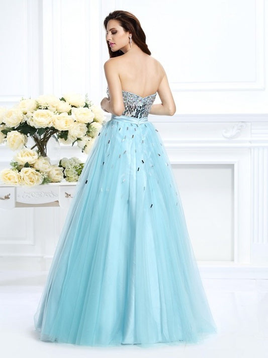 Sleeveless Ball Sweetheart Long Gown Beading Paillette Satin Quinceanera Dresses
