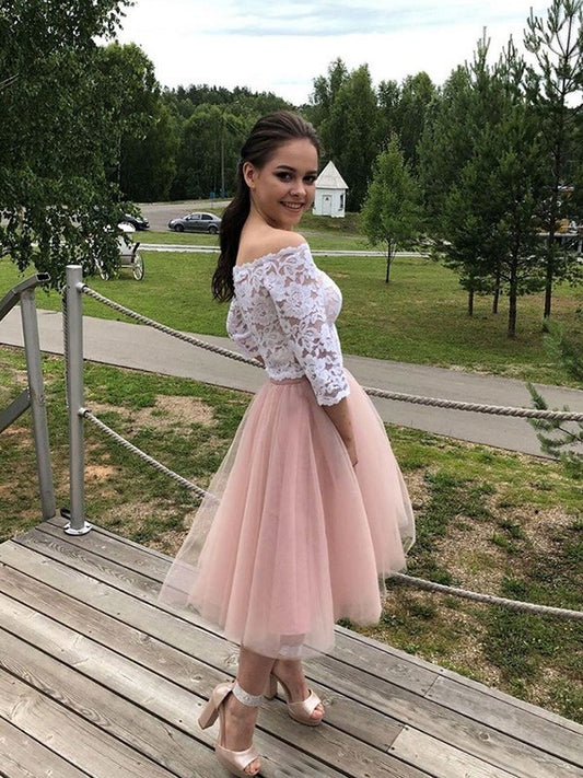 A-Line/Princess Sleeves Long Off-the-Shoulder Lace Tulle Tea-Length Homecoming Dresses