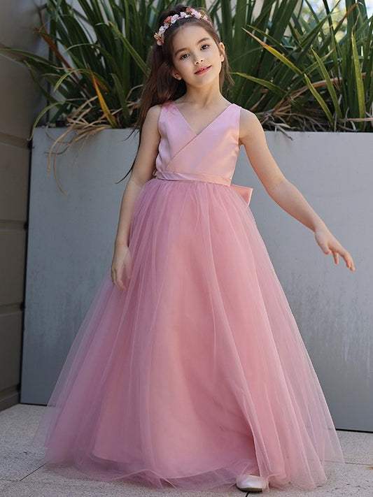 Sleeveless Bowknot Tulle A-Line/Princess Floor-Length V-neck Flower Girl Dresses