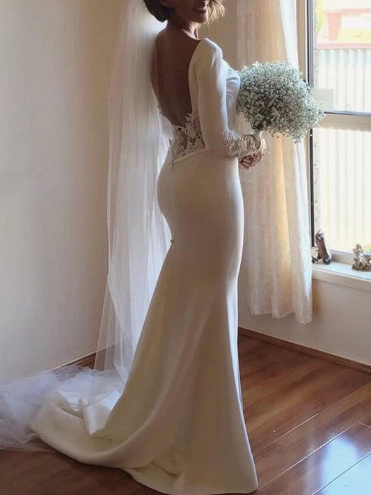 Trumpet/Mermaid Sleeves Lace Long Train Scoop Court Satin Wedding Dresses