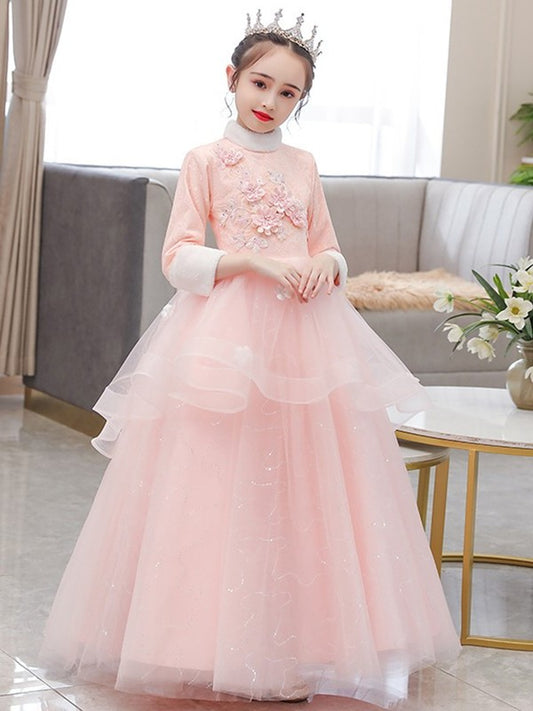 Sleeves 3/4 Tulle High Flower A-Line/Princess Floor-Length Hand-Made Neck Flower Girl Dresses