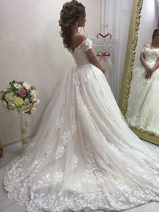 A-Line/Princess Applique Sweep/Brush Off-the-Shoulder Sleeveless Train Tulle Wedding Dresses