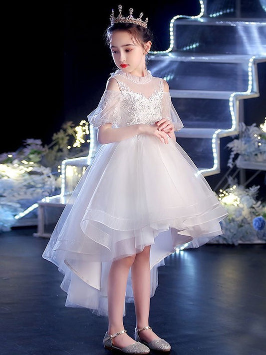 Tulle Short Scoop Applique Asymmetrical A-Line/Princess Sleeves Flower Girl Dresses