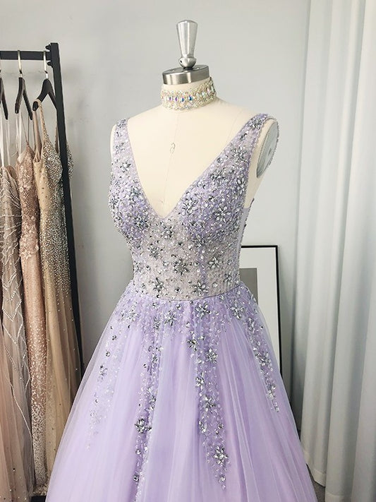 V-neck A-Line/Princess Tulle Beading Sleeveless Floor-Length Dresses