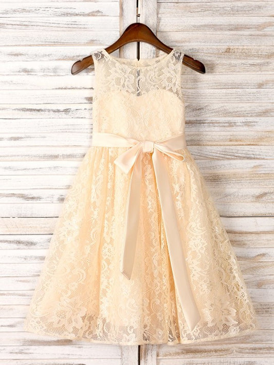 A-Line/Princess Tea-Length Scoop Sash/Ribbon/Belt Sleeveless Lace Flower Girl Dresses