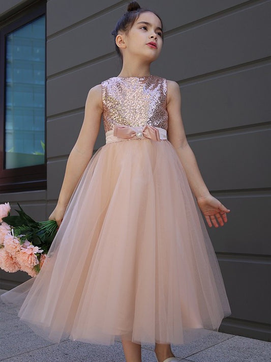 Sleeveless Scoop Bowknot Tulle A-Line/Princess Tea-Length Flower Girl Dresses