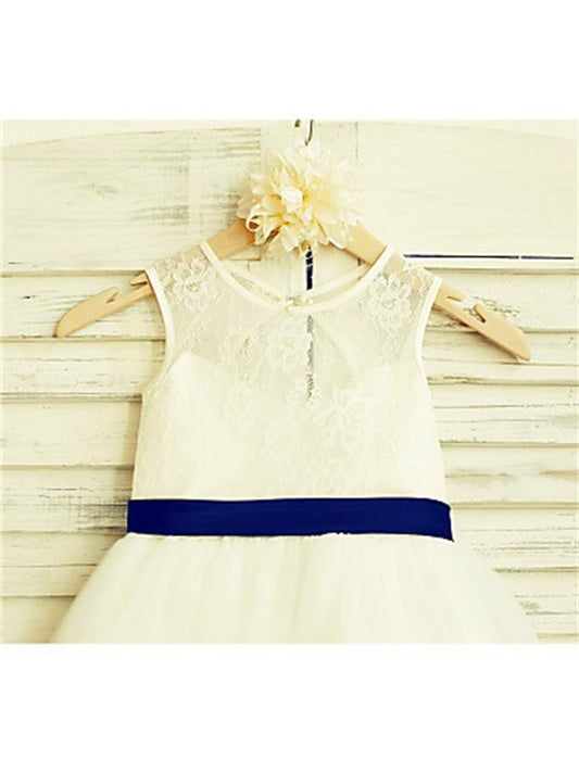 Bowknot Scoop Sleeveless A-line/Princess Tea-Length Tulle Flower Girl Dresses