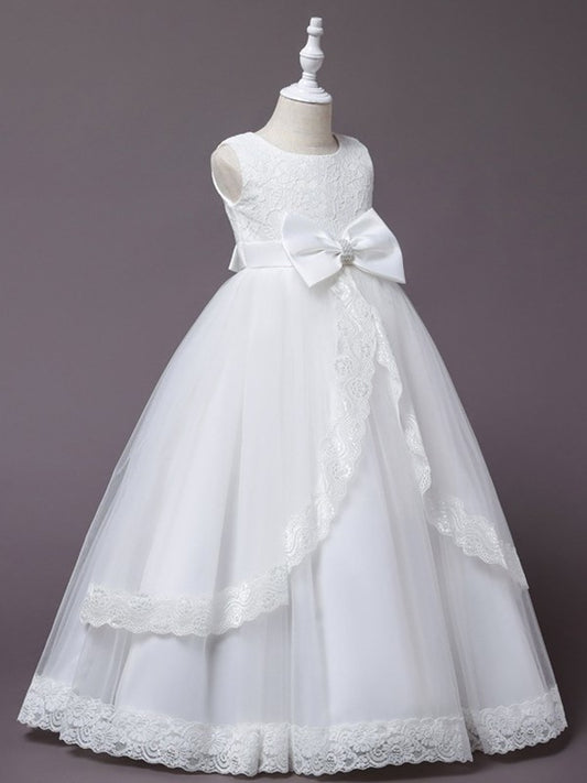 Applique Sleeveless Floor-Length Scoop Tulle Ball Gown Flower Girl Dresses
