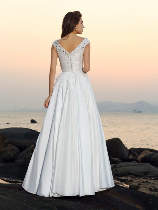 Beading Taffeta Sleeveless Long V-neck A-Line/Princess Beach Wedding Dresses