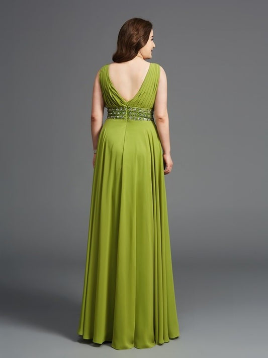 Chiffon Long Sleeveless Rhinestone Straps A-Line/Princess Plus Size Dresses