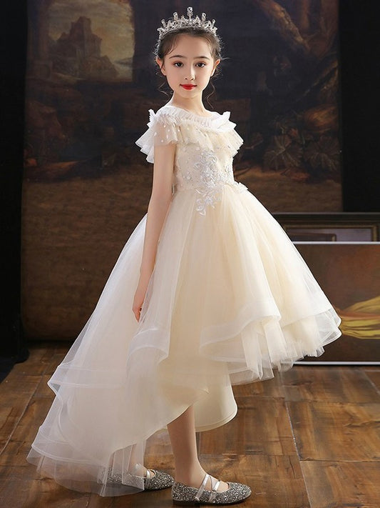A-Line/Princess Tulle Sleeves Short Applique Off-the-Shoulder Asymmetrical Flower Girl Dresses