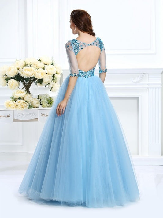 Long V-neck Sleeves 1/2 Ball Beading Gown Satin Quinceanera Dresses
