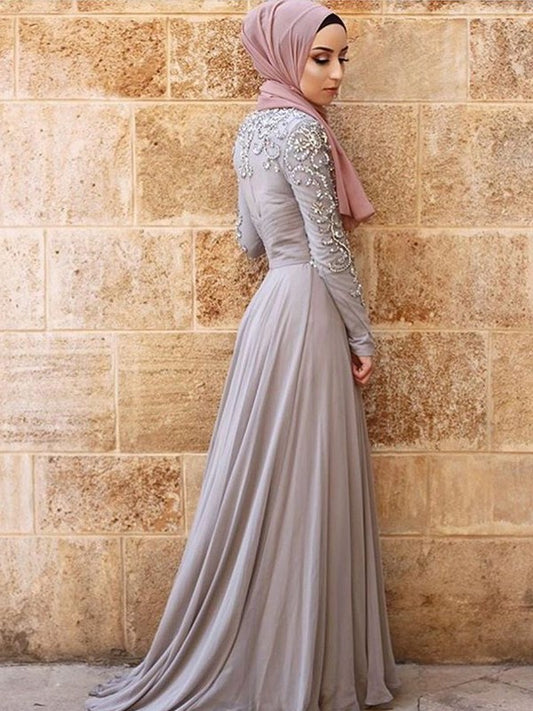 Crystal A-Line/Princess Sleeves Scoop Long Train Sweep/Brush Tulle Muslim Dresses