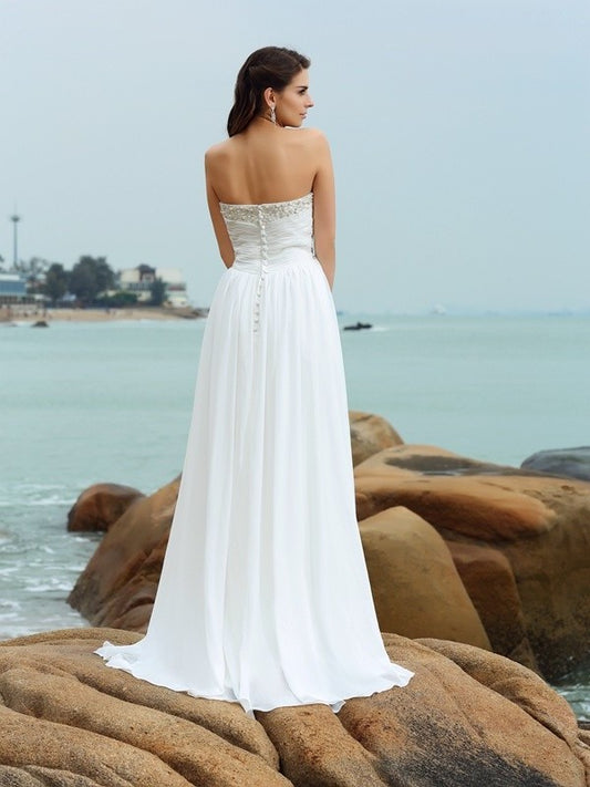 Chiffon Sleeveless Long Sweetheart A-Line/Princess Beading Beach Wedding Dresses