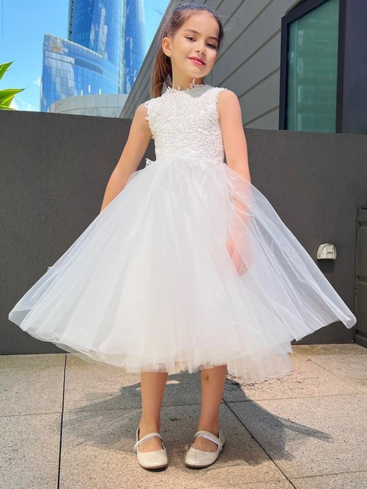 Knee-Length Tulle Lace Sleeveless Neck A-Line/Princess High Flower Girl Dresses