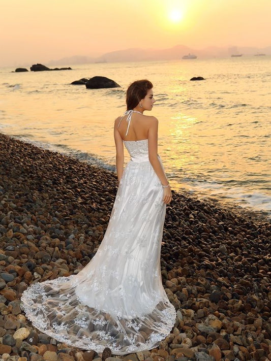 Sash/Ribbon/Belt Halter Lace Sleeveless Long A-Line/Princess Beach Wedding Dresses