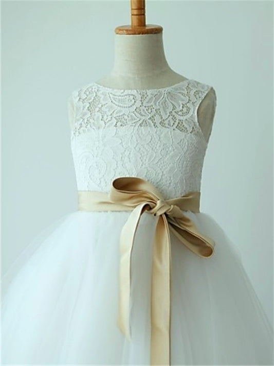Scoop Sleeveless Sash/Ribbon/Belt Tulle Tea-Length A-line/Princess Flower Girl Dresses