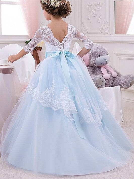 1/2 Tulle Ball Sleeves Floor-Length Gown Lace Jewel Flower Girl Dresses