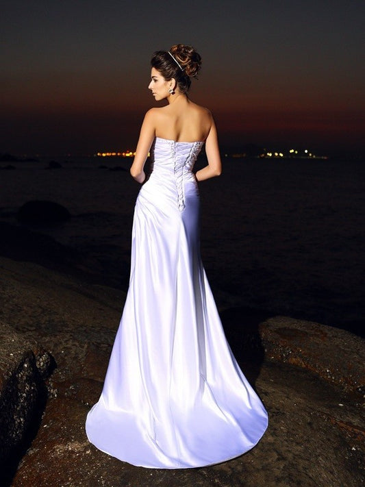 Trumpet/Mermaid Sweetheart Satin Sleeveless Woven Elastic Long Beach Wedding Dresses