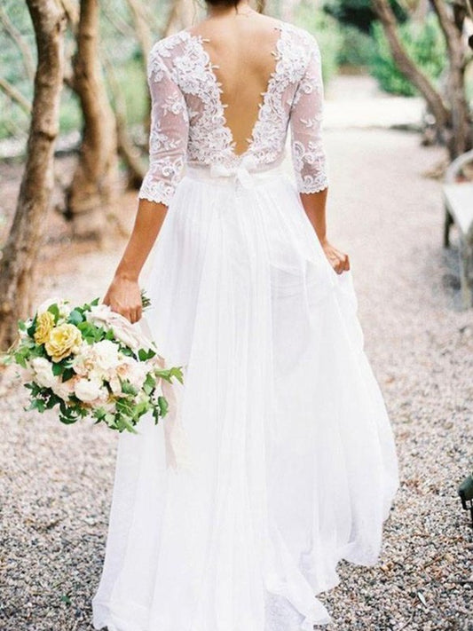 A-Line/Princess Floor-Length 1/2 V-neck Lace Applique Sleeves Chiffon Wedding Dresses