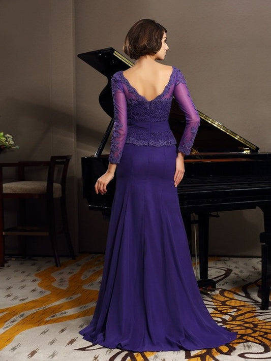 Chiffon 3/4 Sleeves A-Line/Princess Long Applique Scoop Mother of the Bride Dresses