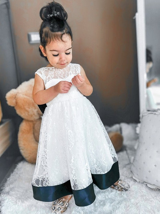 A-Line/Princess Sleeveless Lace Ankle-Length Scoop Bowknot Flower Girl Dresses