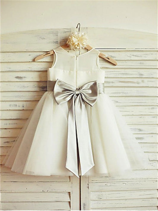 Bowknot A-line/Princess Tea-Length Scoop Sleeveless Tulle Flower Girl Dresses
