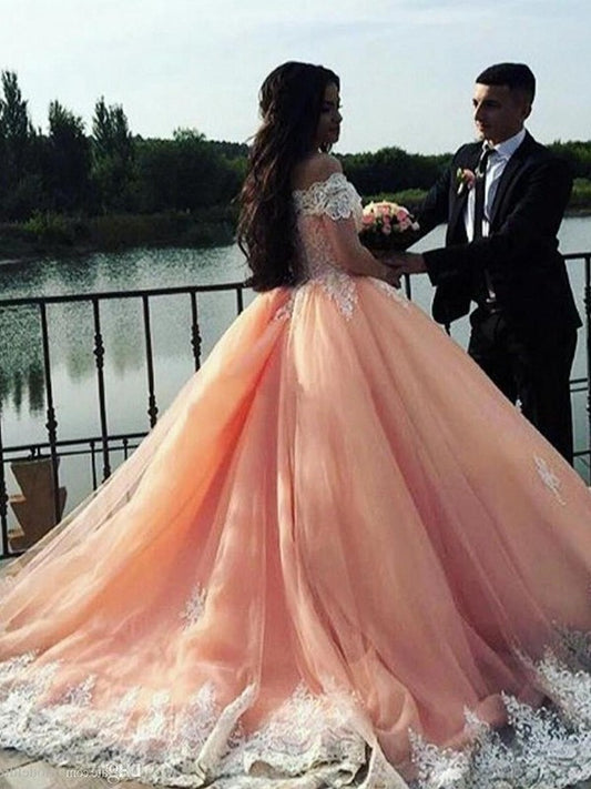 Train Gown Off-the-Shoulder Sleeveless Ball Court Tulle Lace Dresses