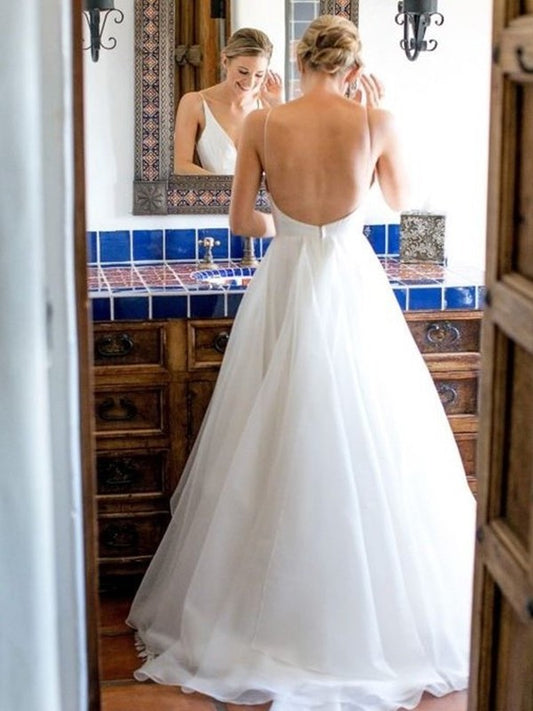 Sweep/Brush Sleeveless A-Line/Princess Train V-neck Ruffles Tulle Wedding Dresses