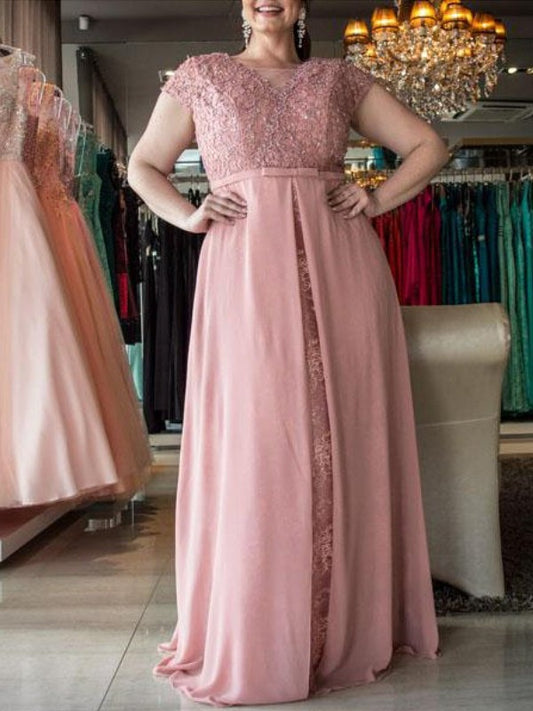 Floor-Length Chiffon Sleeves Short Lace Scoop A-Line/Princess Plus Size Dresses