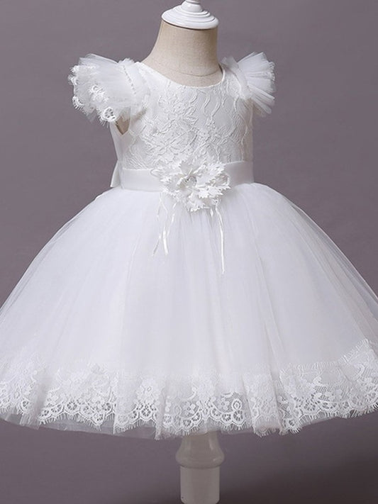 Ball Applique Gown Tulle Scoop Short Sleeves Tea-Length Flower Girl Dresses