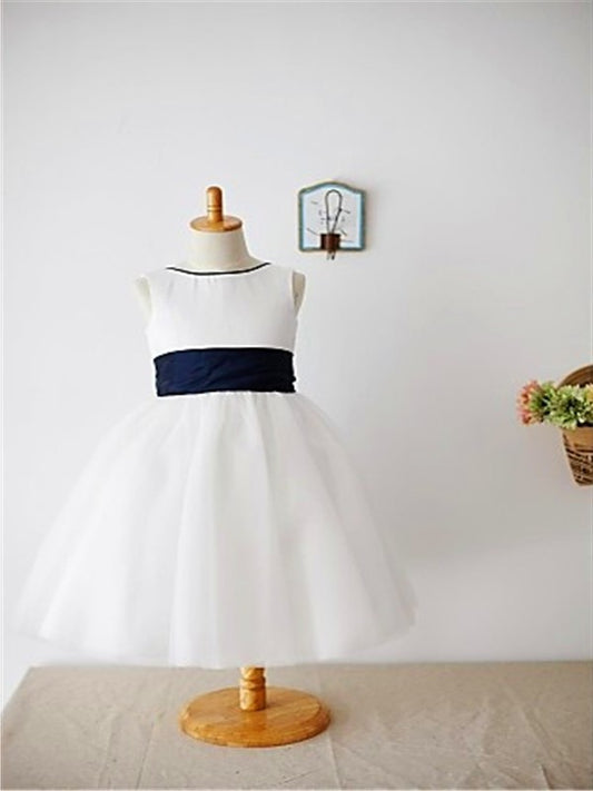 Bowknot Scoop A-line/Princess Tea-Length Tulle Sleeveless Flower Girl Dresses