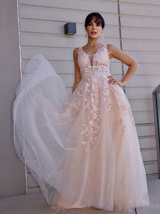 Sleeveless Applique Scoop A-Line/Princess Tulle Sweep/Brush Train Dresses